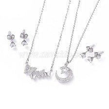 304 Stainless Steel Jewelry Sets, Brass Micro Pave Cubic Zirconia Pendant Necklaces and 304 Stainless Steel Stud Earrings, with Ear Nuts/Earring Back, Mixed Shapes, Clear