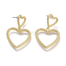 Brass Dangle Stud Earrings, with 304 Stainless Steel Pins and Plastic Ear Nuts, Textured Heart