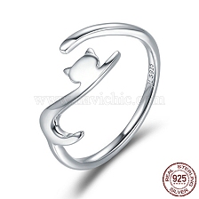 925 Sterling Silver Cuff Finger Rings, Adjustable,  Cat, with 925 Stamp