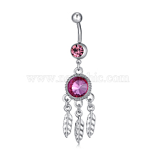 Piercing Jewelry, Brass Cubic Zirconia Navel Ring, Belly Rings, with 304 Stainless Steel Bar, Lead Free & Cadmium Free, Flat Round with Leaf