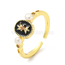 Natural Pearl Flower Open Cuff Ring, Brass Enamel Finger Ring with Cubic Zirconia