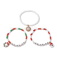 3Pcs Glass Stretch Bracelet Sets, Christmas Theme Alloy Enamel Charm Bracelets