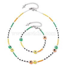 Resin Evil Eye & Glass Seed Beaded Jewelry Set, Beaded Necklaces & Bracelets