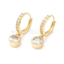 Clear Cubic Zirconia Hinged Hoop Earrings with Flat Round Drop, Brass Jewelry for Women, Cadmium Free & Nickel Free & Lead Free