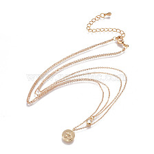 Brass Tiered Necklaces, Double Layer Necklaces, with 304 Stainless Steel Findings and Cubic Zirconia, Flat Round with Ohm