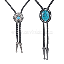 Gorgecraft 2Pcs 2 Style Imitation Leather Bolo Tie for Men, Alloy Sweater Necklaces, Synthetic Turquoise Flower & Oval Lariat Necklaces