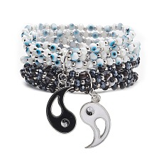 2Pcs 2 Color Lampwork Evil Eye & Glass Stretch Multi-strand Bracelets Set, Alloy Enamel Yin Yang Matching Couple Bracelets for Men Women