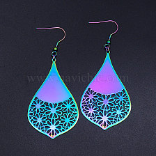 201 Stainless Steel Dangle Earrings, Teardrop with Flower