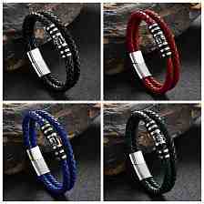 Stainless Steel Skull Beaded Leather Double Layer Multi-strand Bracelet, Gothic Bracelet with Magnetic Clasp for Men