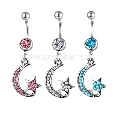 Rhinestone Moon & Star Dangle Belly Ring, Alloy Navel Ring with 316L Surgical Stainless Steel Bar for Women Piercing Jewelry