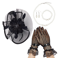 AHADERMAKER Party Supplies, Including Polyester Lace Cuff Mesh Long Gloves, Hat Flower Mesh Organza, Feathers Hair Band, ABS Plastic Pearl Beaded Necklace & Stretch Bracelet & Dangle Earrings