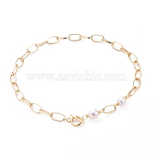 Aluminium Paperclip Chain Necklaces, with Natural Baroque Pearl Keshi Pearl Beads and 304 Stainless Steel Toggle Clasps, Golden, 16.33 inch(41.5cm)