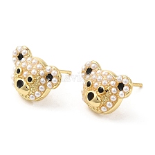 Brass Enamel Bear Stud Earrings with Plastic Pearl Beaded, Lead Free & Cadmium Free