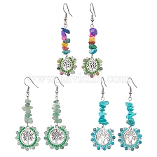 Alloy with Glass with Green Aventurinee & Tourmaline & Apatite Dangle Earrings, Tree of life