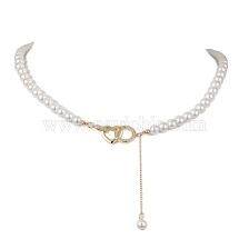 Brass Micro Pave Clear Cubic Zirconia Heart Pendant Necklace, with Shell Pearl Round Beaded