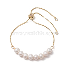 Adjustable Natural Cultured Freshwater Pearl Box Chain Slider Bracelets for Women, Golden