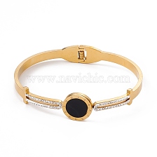 Vacuum Plating 201 Stainless Steel Bangles, with Black Resin and Polymer Clay Crystal Rhinestone, Flat Round with Roman Numeral