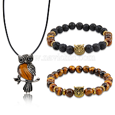 FIBLOOM Alloy Owl Pendant Necklace & Beaded Stretch Bracelets, Natural Tiger Eye & Lava Rock Jewelry Set for Women