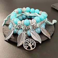 Bohemian Vacation Style Alloy Handmade Turquoise Bead Leaf Peace Tree Bracelet Set