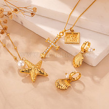 Stainless Steel Gold Cross Star Necklace Shell Earrings Set.