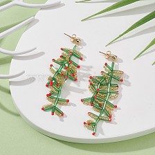 Glass Seed Braided Branch Dangle Stud Earrings, Golden 304 Stainless Steel Christmas Earrings for Women