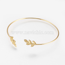 Brass Cuff Bangle, Real 18K Gold Plated, Leaf, Golden, 2-1/4 inchx2-1/2 inch(58x63mm)