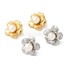 Plastic Pearl Beaded Flower Stud Earrings, 304 Stainless Steel Jewelry