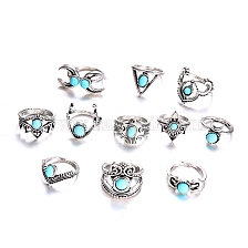 11Pcs 11 Style Synthetic Turquoise Finger Rings Set, Triangle & Moon & Crown & Eagle Alloy Stackable Rings for Women