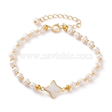 Natural White Shell Star Link Bracelets, with Natural Pearl Beads, Brass Beads and Spring Ring Clasps, Seashell Color