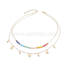 Brass Star Charms Double Layer Necklace with Colorful Glass Beaded for Women