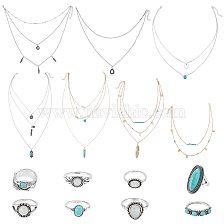 ANATTASOUL 15Pcs 15 Style Oval & Teardrop & Feather Synthetic Turquoise Pendants Multi-layer Necklaces & Finger Rings, Alloy Retro Jewelry Set for Women