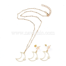 Pendant Necklace and Dangle Stud Earring Jewelry Sets, with Alloy Pendant, Brass Stud Earring Findings, Brass Bar Link Chains and Lobster Claw Clasps, Moon