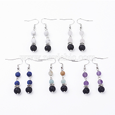 Frosted Natural Gemstone Dangle Earrings, with Natural Lava Rock Beads, Brass Earring Hooks and Alloy & Iron Findings