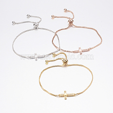 Adjustable Brass Bolo Bracelets, Slider Bracelets, with Cubic Zirconia and Box Chains, Cross