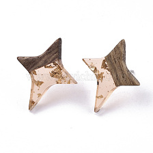 Transparent Resin & Walnut Wood Stud Earrings, with 304 Stainless Steel Pin and Gold Foil, Star