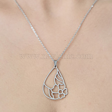 201 Stainless Steel Hollow Teardrop with Flower Pendant Necklace