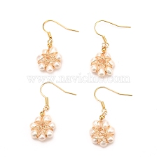 Brass Flower-shaped Dangle Earrings, with Natural Pearl, Long-Lasting Plated