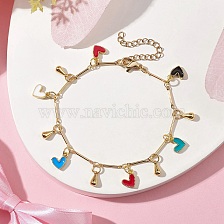 Brass Colorful Enamel Heart Link Chains Bracelet, for Valentine's Day