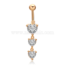 Real 18K Gold Plated Brass Cubic Zirconia Navel Ring Navel Ring Belly Rings, with 304 Stainless Steel Bar, 44x9mm